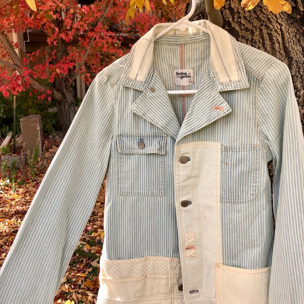 HOLDING HORSES Anthropologie, Striped Jean Jacket with multiple cool pockets.